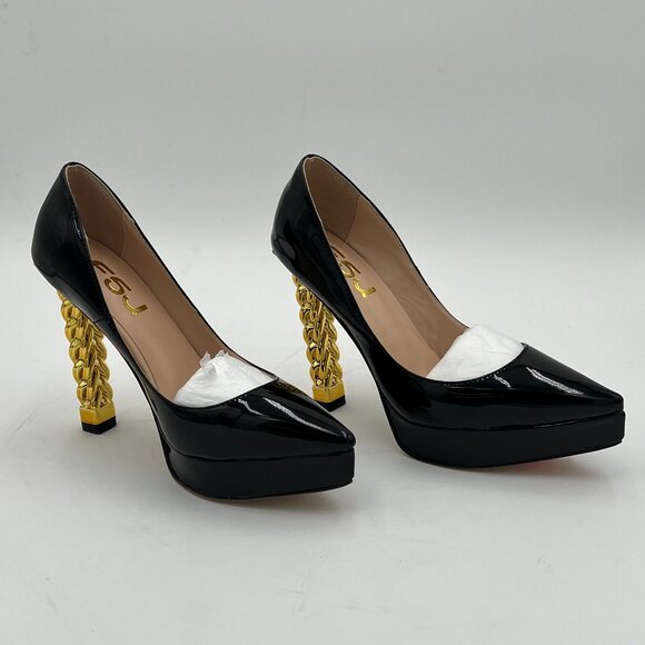 FSJ Black Platform Gold Metal Chain Chunky High Heel Pointed Toe Prom Pumps - Picture 4 of 6